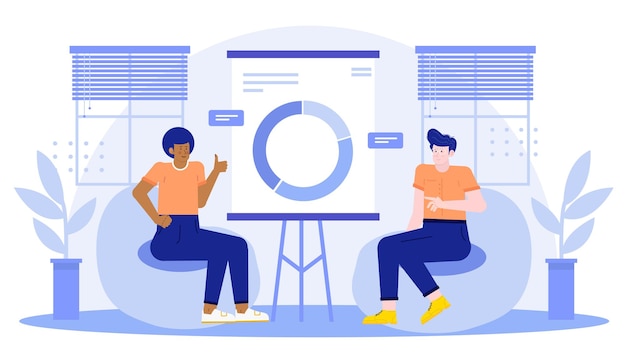 Dos personas en el equipo de negocios haciendo una presentación sobre el aumento del negocio con gráficos y gráficos en la oficina
