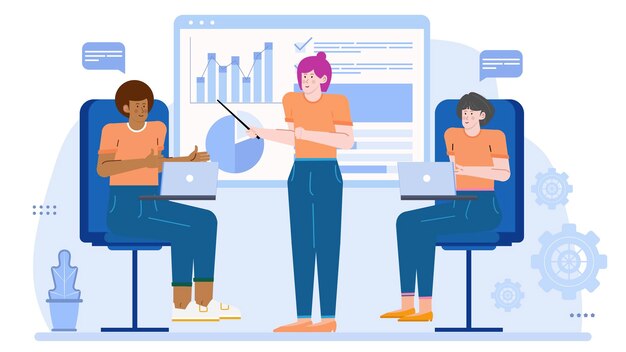 Dos personas en el equipo de negocios haciendo una presentación sobre el aumento del negocio con gráficos y gráficos en la oficina