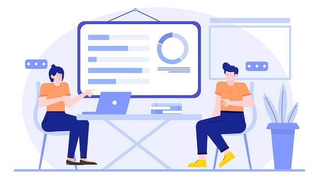 Dos personas en el equipo de negocios haciendo una presentación sobre el aumento del negocio con gráficos y gráficos en la oficina
