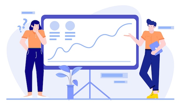 Dos personas en el equipo de negocios haciendo una presentación sobre el aumento del negocio con gráficos y gráficos en la oficina