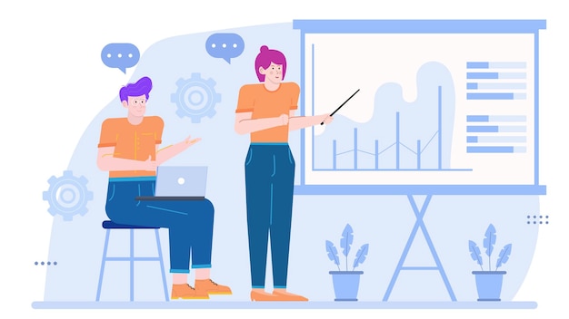 Dos personas en el equipo de negocios haciendo una presentación sobre el aumento del negocio con gráficos y gráficos en la oficina