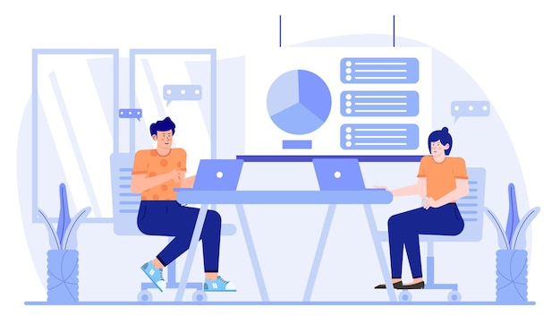 Dos personas en un equipo de negocios haciendo una presentación sobre el crecimiento del negocio con gráficos y gráficos en un espacio de coworking moderno y creativo