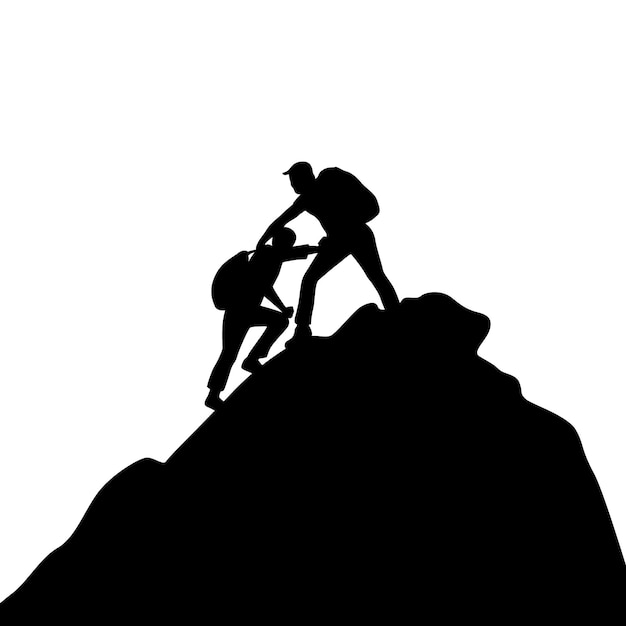 Dos personas escalando la montaña y ayudando a la silueta