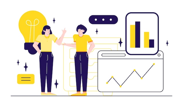 Dos personas están hablando de aumento de negocios con gráficos y gráficos