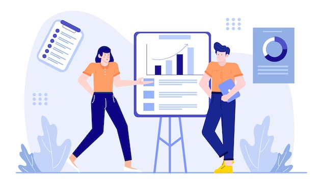 Dos personas están hablando de aumento de negocios con gráficos y gráficos