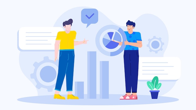 Dos personas están hablando de aumento de negocios con gráficos y gráficos