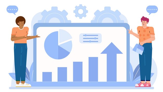 Dos personas están hablando de aumento de negocios con gráficos y gráficos