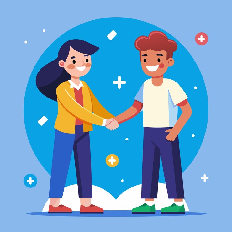 Vector dos personas estrechando la mano con una que tiene la palabra "x" en ella