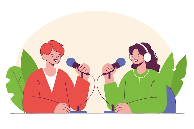 Dos personas en un estudio de radiodifusión que muestran el concepto de transmisión de noticias