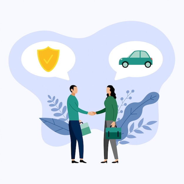 Dos personas hablan sobre seguros de automóviles, ilustración vectorial