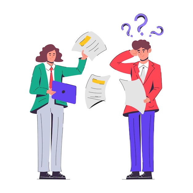 Dos personas hablando con un documento y signos de interrogación.