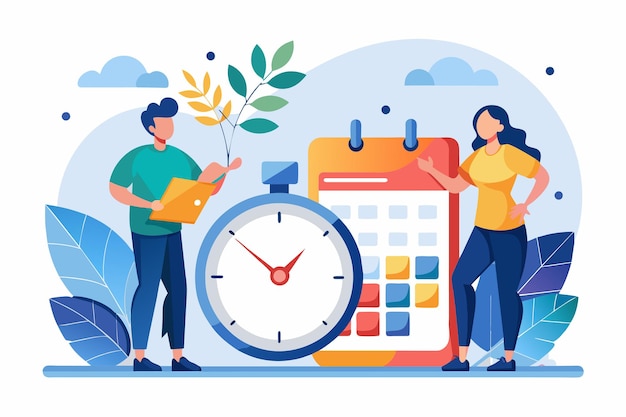 Dos personas de pie al lado de un reloj masivo en un espacio público Dos personas con tiempo y calendario de tendencias Ilustración vectorial plana simple y minimalista