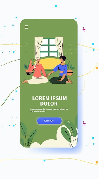 Dos personas practicando yoga en un entorno interior sereno con plantas y ventana pantalla de aplicación móvil de diseño minimalista