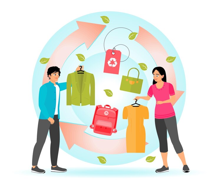 Vector dos personas que promueven el intercambio de ropa sostenible para la conciencia ambiental