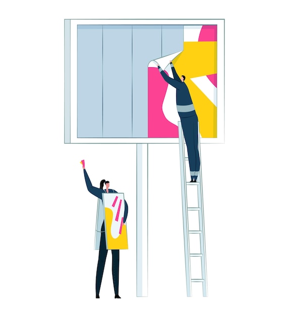 Dos personas que trabajan en una instalación de cartelera juntas una está en una escalera aplicando el anuncio la otra