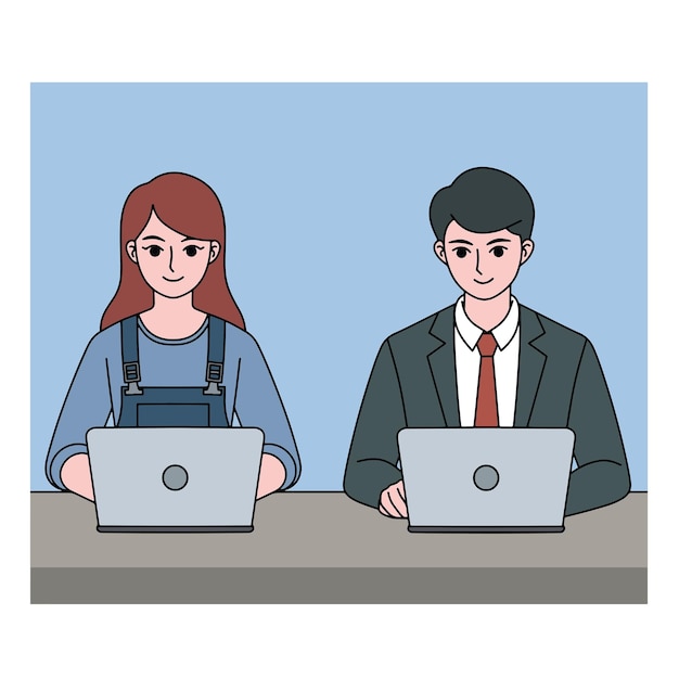 dos personas sentadas en una mesa con computadoras portátiles y un botón que dice