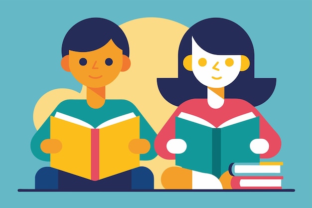 Dos personas sentadas en un sofá están absortas en la lectura de libros dos personas que leen libros están leyendo libros Ilustración vectorial plana simple y minimalista
