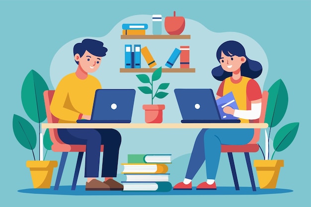 Dos personas trabajando en computadoras portátiles en la mesa Dos estudiantes sentados en la mesa con computadora portátil y una pila de libros Ilustración vectorial plana simple y minimalista