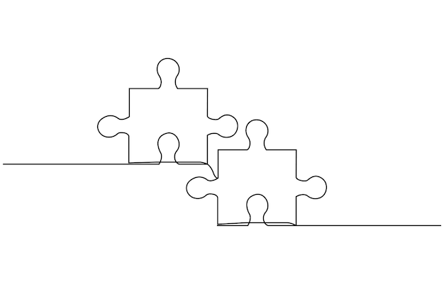 Dos piezas de rompecabezas conectadas de una línea continua dibujadas Elemento de rompecabeo Ilustración vectorial