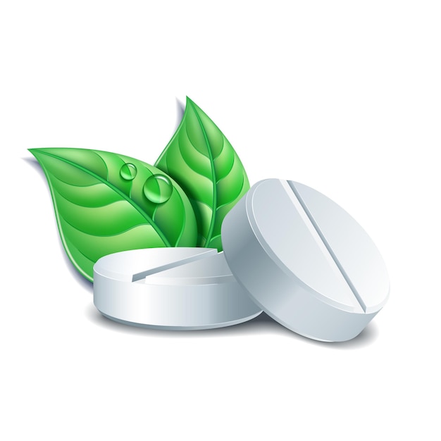 Vector dos píldoras médicas naturales con hojas verdes. símbolo de vector farmacéutico con hoja para farmacia, medicina homeopática y alternativa. ilustración de vector, aislado sobre fondo blanco.