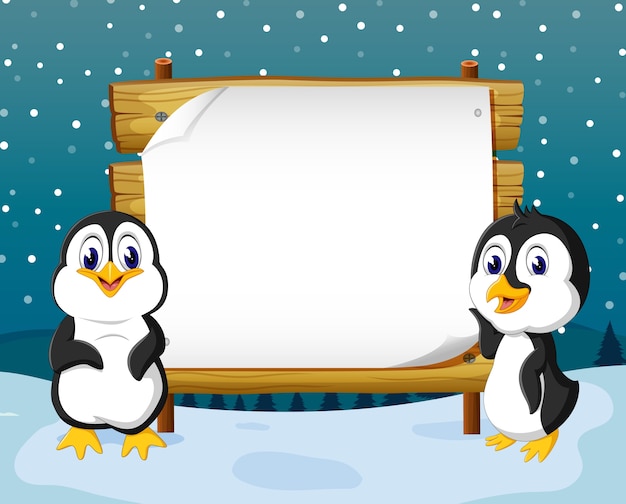 dos pingüinos con fondo de madera en blanco