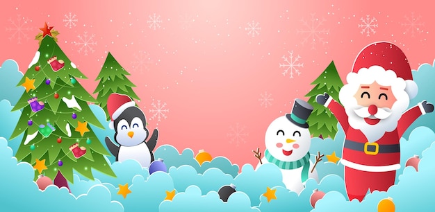 dos pingüinos frente a un hombre de nieve con un árbol de Navidad en el fondo