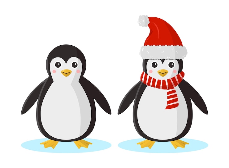 Vector dos pingüinos sobre un fondo blanco pingüino con un sombrero y una bufanda de navidad ilustración vectorial