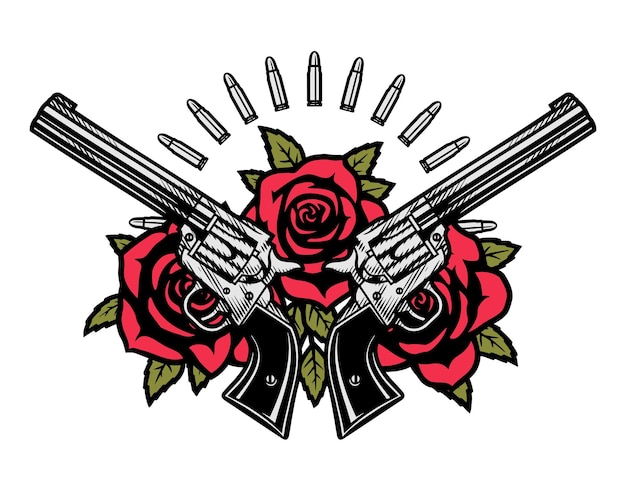 Vector dos pistolas cruzadas y rosas.