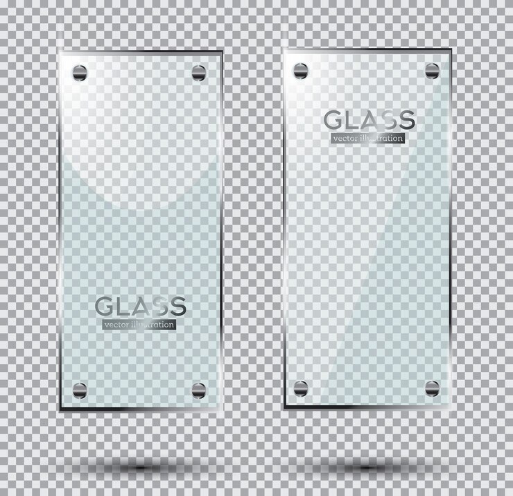 Vector dos placas de vidrio con remaches de acero sobre fondo transparente