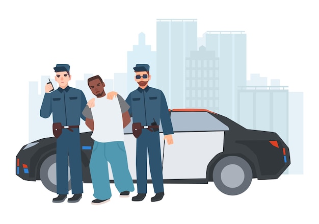 Vector dos policías uniformados de pie cerca de un coche de policía con un criminal atrapado contra los edificios de la ciudad en el fondo. ladrón detenido escoltado por un par de policías. personajes de caricatura. ilustración de vector colorido.