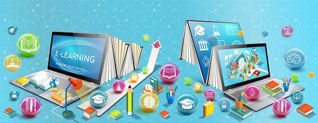 Dos portátiles como libros. El concepto de aprendizaje. Educación en línea. Ilustración vectorial.