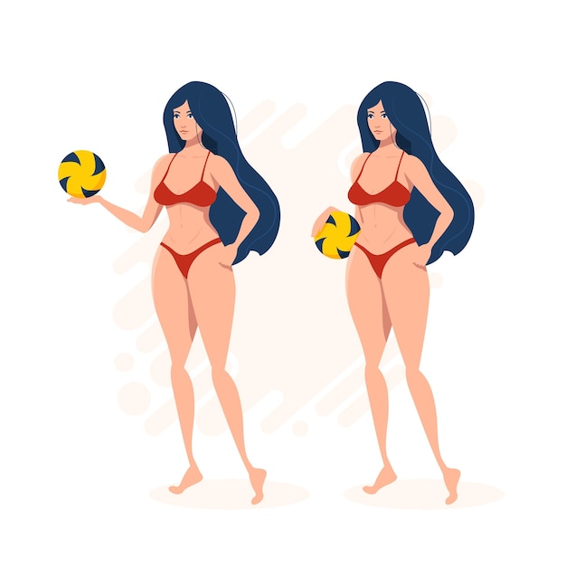 Dos poses de una chica en bikini con una pelota de voleibol ilustración vectorial