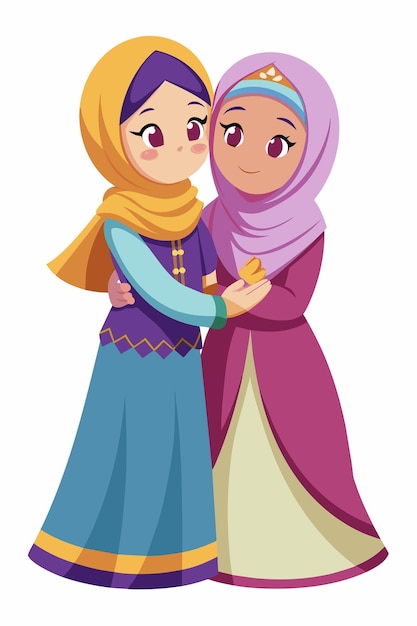 Dos princesas musulmanas y niños abrazándose Ilustración especial de Eid