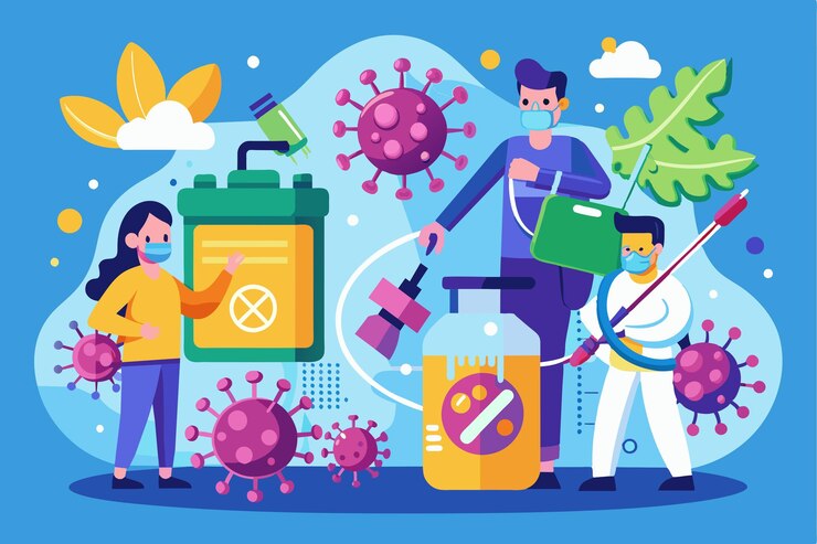 Vector dos profesionales llevan a cabo la desinfección de virus utilizando equipos mientras ilustran las medidas y protocolos de seguridad desinfección de virus ilustración plana personalizable