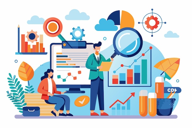 Dos profesionales de negocios están colaborando usando una lupa y una computadora para analizar gráficos y gráficos que representan el crecimiento y el éxito de su compañía