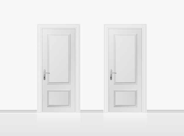 Dos puertas cerradas blancas aisladas sobre fondo blanco Realista