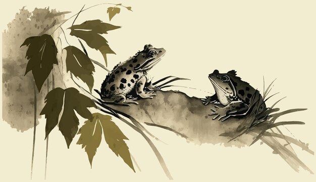 Vector dos ranas en hojas de hierba ilustración vectorial