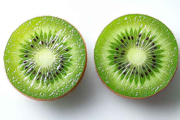 Dos rebanadas de kiwi aisladas sobre un fondo blanco
