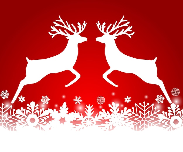 Dos renos saltan entre sí sobre un fondo rojo con ilustración de vector de copos de nieve