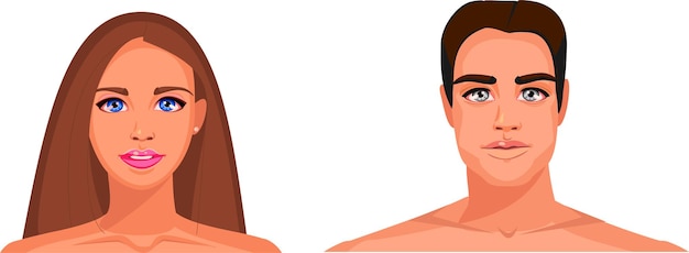 Dos retratos de un hombre y una mujer hasta el cuello. Rostro de mujer. Rostro de hombre. Sobre un fondo blanco.