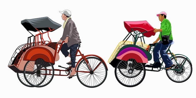 Vector dos rickshaw becak vector yogyakarta con fondo blanco aislado