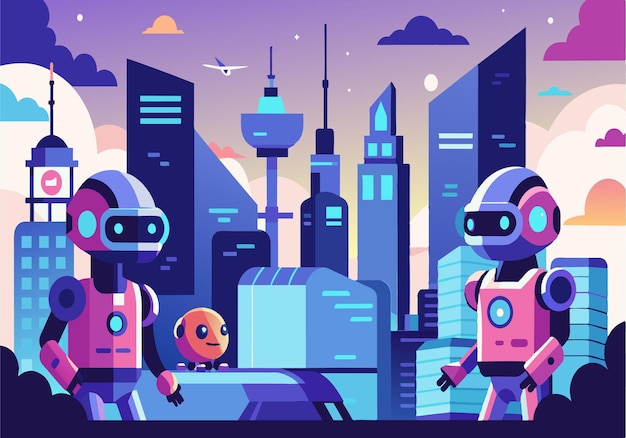 Dos robots caminan por una ciudad con edificios altos y un coche en primer plano