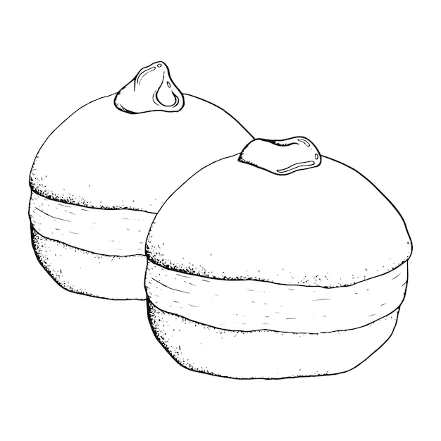 Dos rosquillas vectoriales para la fiesta judía de Hanukkah ilustración simple en blanco y negro dibujada a mano sufganiyot