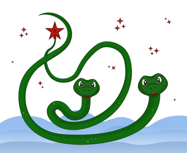 Dos serpientes verdes en la nieve arriba estrella roja en la cola de la serpiente símbolo de ilustración vectorial año nuevo