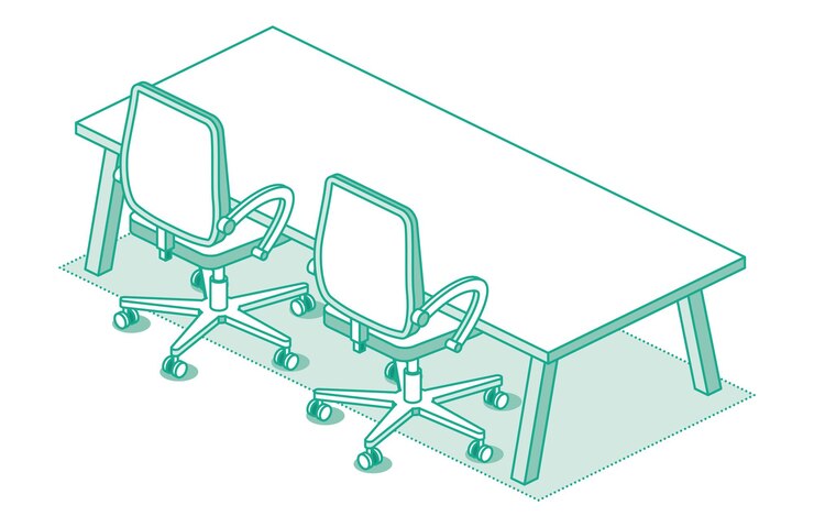 Vector dos sillas de oficina isométricas sobre ruedas y una mesa moderna con cuatro patas