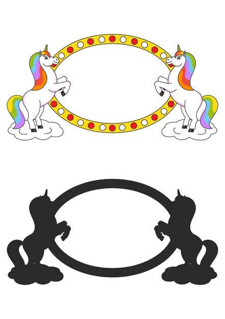 Dos simpáticos unicornios criados al estilo de dibujos animados Ilustración de colores brillantes Con lugar para su texto Para anuncios de circo publicidad