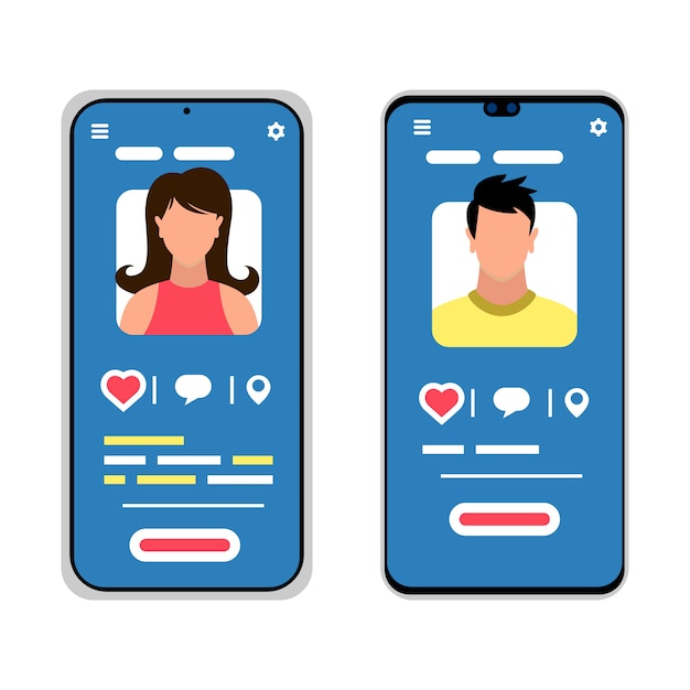 Vector dos smartphones con siluetas masculinas y femeninas. redes sociales, mensajería móvil, aplicaciones para citas, reuniones, comunicación, aprendizaje. iconos de dibujos animados sobre fondo blanco.