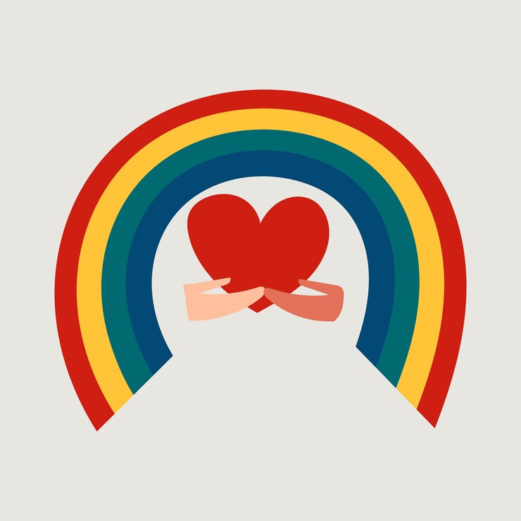 Vector dos socios diversos sostienen el corazón y el arco iris juntos impresión en color del orgullo en estilo de dibujos animados emblema lgbt amor diversidad igualdad concepto plano vector ilustración aislado en blanco