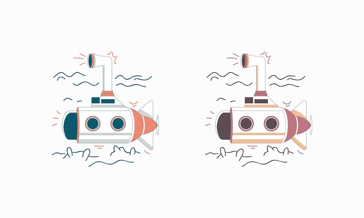 Vector dos submarinos de dibujos animados con periscopios y hélices