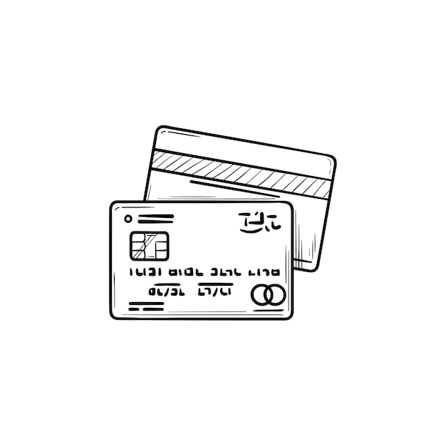 Dos tarjetas de crédito bancarias icono de doodle de contorno dibujado a mano. Pago bancario, negocios y comercio, concepto minorista